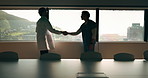 Doctors, handshake and office meeting at hospital with talk, smile or welcome for healthcare career. People, medical professional and shaking hands with nurse, happy or window in boardroom at clinic