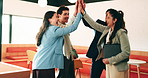 Business people, high five and team with success at office, goals or happy for support at finance company. Group, shaking hands and celebration for deal, achievement or congratulations at agency