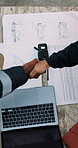 Construction, blueprint or team on site with handshake, cooperation or motivation in contractor partnership. Above, men or engineers with laptop, encouragement or planning in industry collaboration.