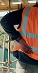 Construction, hurt or man with back pain on site for heavy lifting, work accident or sore spine. Worker cramp, health or muscle fatigue outdoor from manual labor, joint inflammation or injury on duty