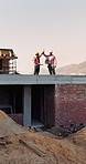 Construction, tablet or team on site with high five, success or motivation in building project. Space, men or engineers with tech, partnership encouragement or good news on infrastructure development
