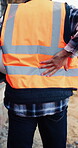 Construction, walk or man with back pain on site for heavy lifting, work accident or sore spine. Worker cramp, health or muscle fatigue outdoor from manual labor, joint inflammation or injury on duty