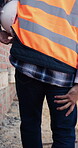 Construction, walk and man with leg pain on site for physical strain, work accident and tension. Health, project manager and muscle cramp outdoor from manual labor, herniated disk or injury on duty
