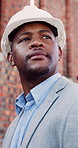 Architect, thinking or black man at construction site with inspection, vision or property development. Person, reflection or quality assurance outdoor with building renovation, plan and architecture.