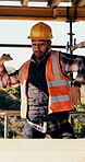 Construction, dance or Asian man on site with break, rhythm or fun groove with project pause. Energy, renovations or engineer with scaffolding, feel good or upbeat movement with work downtime.