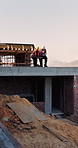 Construction, review or men on site with tablet, task brief or inspection update for building. Teamwork, space or engineer with tech, progress feedback or coordination in infrastructure development.