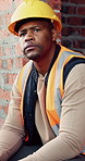 Contractor, thinking and black man at construction site with lunch break, vision and building project. Person, reflection and eating outdoor with PPE, property development or plan for infrastructure.