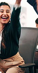 Business, success and happy people with high five in office for winning, achievement or teamwork. Excited, woman and man with smile, congratulations or good news for promotion or bonus in workplace