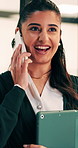 Tablet, woman and happy with phone call in office for contract renewal, billing enquiry or talk. Account manager, tech or mobile discussion with client for terms negotiation, product advice or update