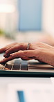 Woman, hands and typing in office with laptop, advertising campaign report and brand awareness plan. Person, research and editing marketing project in business with computer, website or connectivity.
