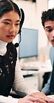Telemarketing, team and woman with headset in call center, discussion and help with lead generation. Telemarketer, advice and people with laptop for sales, coworking and talking with mic in office