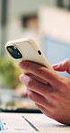 Hands, scroll and laptop in office with phone notification, marketing analytics or check performance. Person, typing or text message in business with computer, graphs or stats for advertising metrics
