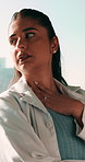 Sad, woman and doctor thinking in hospital with regret, patient loss and vision of medical mistake. Grief, surgeon and female person with depression, healthcare reflection and burnout of surgery fail