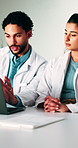 Medical, review or team in hospital with laptop, discussion or patient information for treatment plan. Healthcare, people or doctors in clinic with tech, partner insight or feedback in post surgery.
