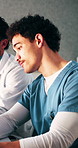 Nurse, man and discussion in hospital with meeting, planning and problem solving for patient diagnosis. Healthcare team, person and talk in clinic with strategy, risk assessment and medical feedback.