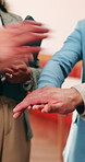 Hands stack, together or business people with applause in office, professional mission and team motivation. Collaboration, support and group with clapping, huddle and celebrate at corporate workplace