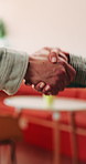 Business people, handshake and conversation at workplace with networking or agreement, deal and partnership. Explain, chat or gesturing with team shaking hands, collaboration or opportunity at office