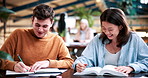 People, students or friends with books in study or university library for learning together. Happy, man and woman writing with smile or notebooks for fun assignment, project or education in academy