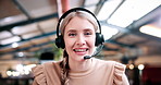 Woman, face and agent with headset in office for video call, virtual assistance or customer service. Portrait, female person or friendly consultant with smile or mic in POV for online advice or help
