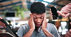 Businessman, hands or headache with stress in office for chaos, overwhelming tasks or work pressure. Overworked, man or demanding colleagues with migraine or strain for busy workplace or deadline