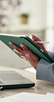 Business, hands and tablet with pen in office for editing statement, invoice verification or review. Finance manager, person and digital notes for interim report draft, budget preparation and stylus