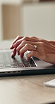 Hands, businesswoman and typing on laptop in office for executive summary, audit notes and email. Finance manager, person and tech at desk for financial report, budget preparation or tax filing entry