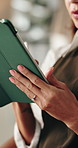 Woman, hands and tablet with sign at business for editing statement, invoice verification and review. Finance manager, stylus and digital signature for expense approval, compliance form and contract