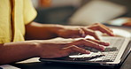 Remote work, hands or typing on laptop in home for article draft, editing column or story research. Freelancer, copywriter or tech in apartment for newsletter review, publication or submission upload