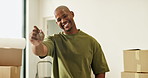 Face, black man and smile at new house with key, moving in and mortgage approval for real estate. Portrait, male person or homeowner in home for success, relocation or purchase of property investment