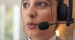 Microphone, talk and advisor with woman in home office for virtual assistant, crm and loan agent. Remote work, investment faq and financial inquiry with person in apartment for account help desk