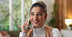Smile, woman and remote work in home with phone call, discussion and contact client for accounting. Happy, female person and freelancer at house with mobile, conversation and feedback for investment