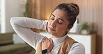 Neck, pain and massage with woman in home office for stress relief, muscle tension and burnout. Remote work pressure, entrepreneur fatigue and inflammation with person in house for tired and injury