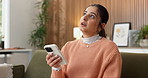 Phone, disappointed and sad with woman on sofa in home for bad news, failed application and connection risk. Online error, bid rejection and annoyed with person and mobile in living room of apartment
