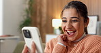 Phone, celebration and excited with woman on sofa in home for social media giveaway, winner and news. Online prize draw, success and announcement with person in living room of house for mobile bonus