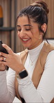 Happy, phone and businesswoman in office with texting, communication or email for feedback on project. Technology, laugh and female employee with cellphone for chatting on break in workplace.
