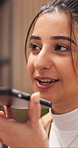 Phone, woman and voice note in home with smile for social media, talent agent or communication. Freelancer, influencer marketing and person with tech for client, conversation or ad campaign in house