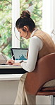 Laptop screen, woman and writing on paperwork in home office for remote work, financial data or stats. Computer, reading or freelance analyst with notes, investment document or risk assessment graphs