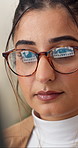 Glasses, laptop or woman with graphs for financial analysis, risk assessment or remote work. Tech, reflection or freelancer with eyewear, chart and investment info for trading on stock market at home