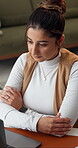 Freelancer, data entry and woman with laptop in home, financial report or bookkeeping in living room. Accountant, online and person with tech, remote work and tax preparation with research in house