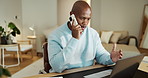 Review, laptop or black man with phone call for remote work, financial planning advice or networking. Home, freelancer or tax consultant with tech for filing inquiry, compliance risk or appeal update