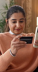 Phone, credit card or woman in home for internet banking, online shopping or ecommerce transaction. Mobile, debit or person in house with digital money for payment, financial purchase or subscription