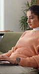 Creative, copywriting and woman with laptop, lounge and planning for article publication on website. Copywriter, online and person with tech, email marketing and research for ad campaign in house
