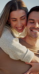 Piggyback, happy and couple in nature for holiday, vacation and bonding on summer weekend together. Dating, travel and man carry woman for playful relationship, connection and romantic moment outdoor