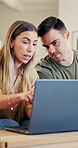 Couple, online and financial planning with laptop, home and review expenses with partner and budget. People, talking and mortgage application on website, discussion and checking savings with tech