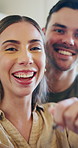 Face, home and happy couple with keys for moving in, real estate or mortgage loan together. Portrait, man and woman with smile, relocation or access to new house for shelter, protection or safety
