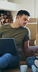 Moving, paperwork and couple with laptop in home, rental agreement and reading lease for housing costs. Talking, tenant contract and people with pc for digital banking, property fees or landlord info