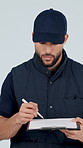 Clipboard, writing and deliveryman in studio with inspection for courier information with document. Shipping, read and logistics worker with paperwork for distribution checklist by white background.