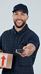 Face, box and delivery man with pos machine in studio for payment or checkout on a white background. Portrait, male person or NFC with parcel or package for courier service or wireless transaction