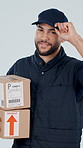 Thinking, face and delivery man in studio with boxes, package and confident for courier service. Happy, portrait and person with parcel for shipping, logistics and distribution on white background