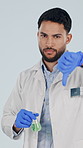 Science, face and man with thumbs down for beaker, vaccine and experiment fail for lab study. Portrait, pharmaceutical and medical scientist with sample, mistake and disappointed on white background